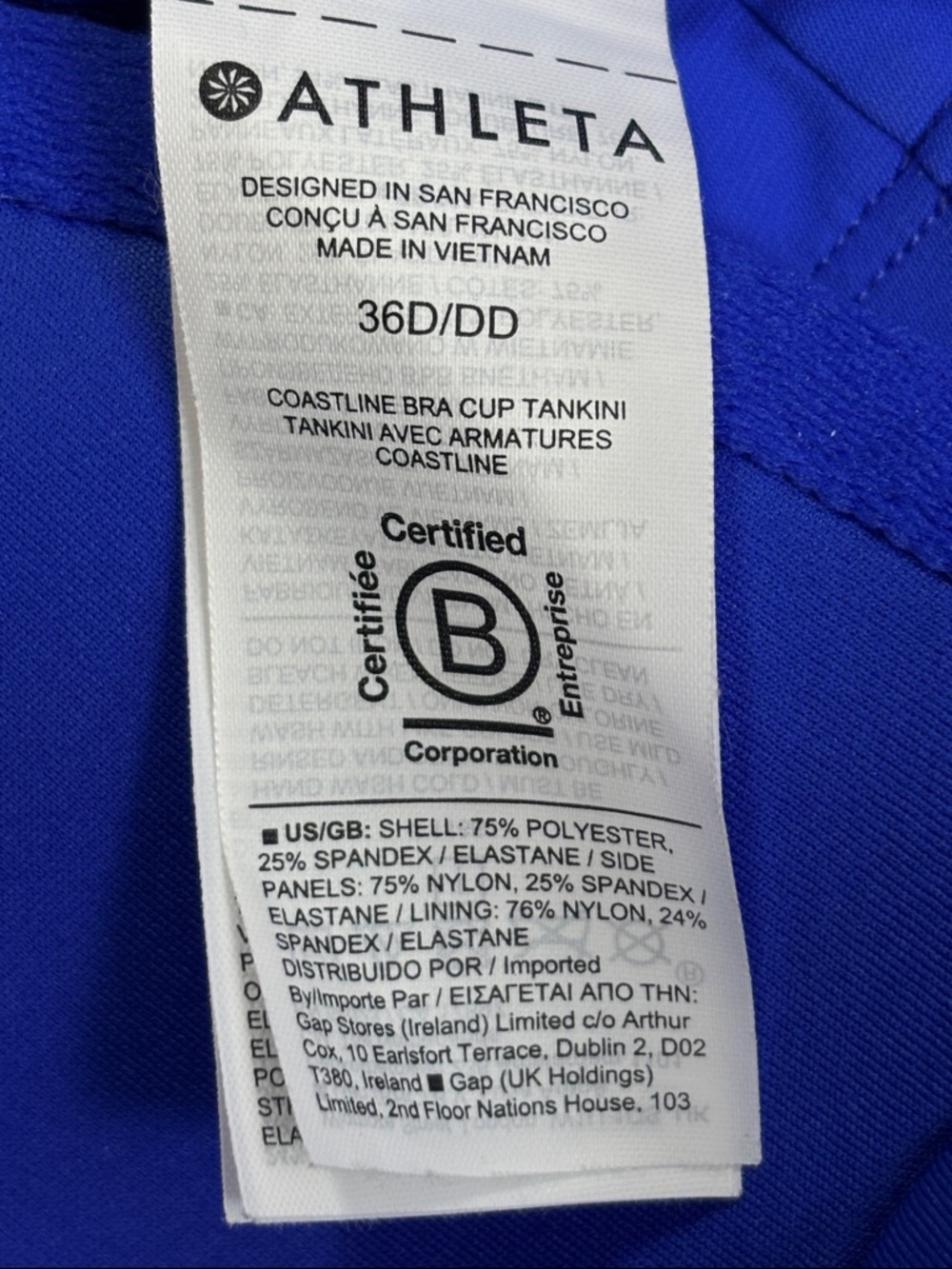 Athleta Coastline Cerulean Blue Bra Cup Tankini Top ONLY - size 36D/DD - Picture 5 of 5